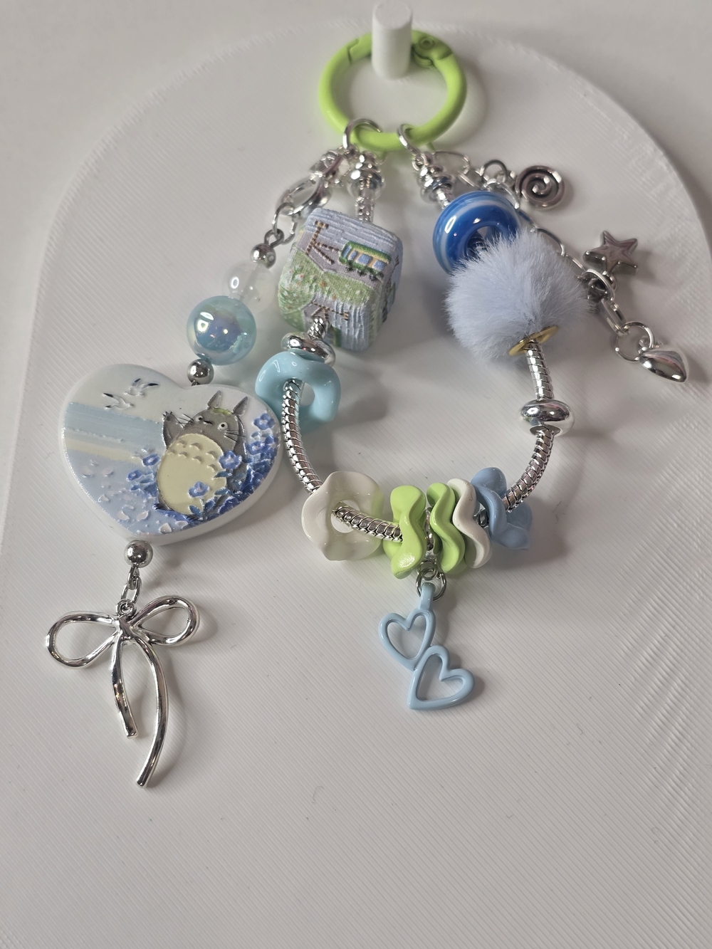 Cute Blue & Green Kids Charm Keyring with Hearts and Bow